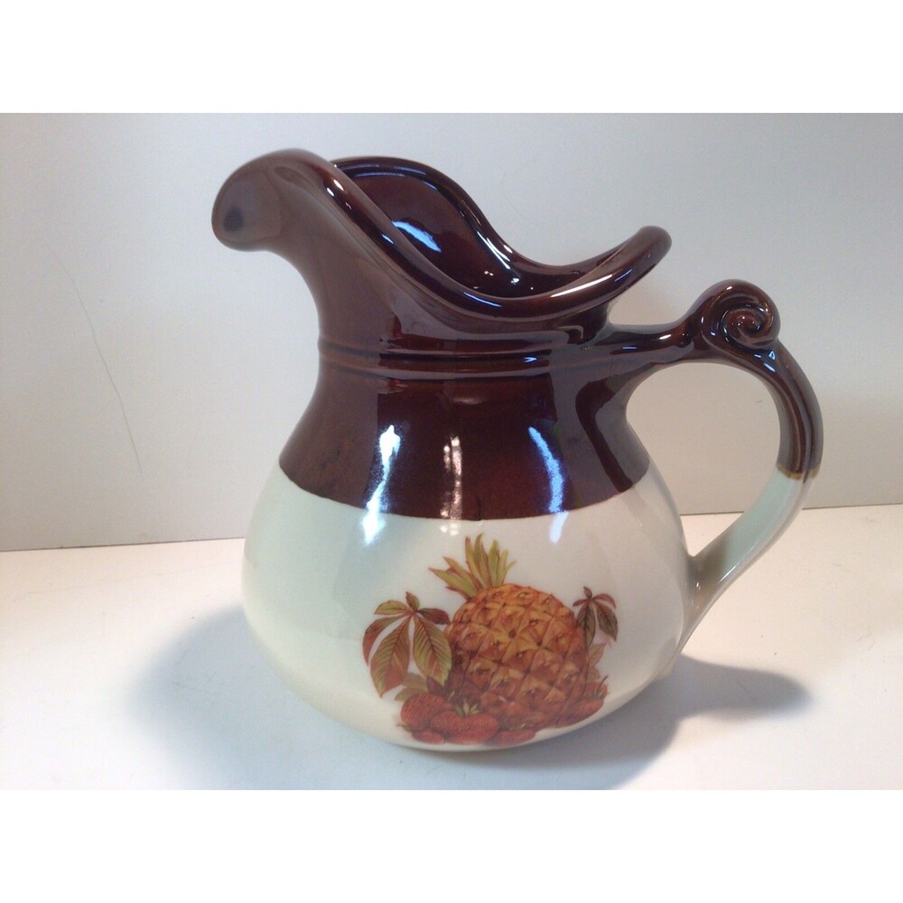 McCoy Brown and Cream Pitcher with Pineapple and Strawberries 7.5” Tall